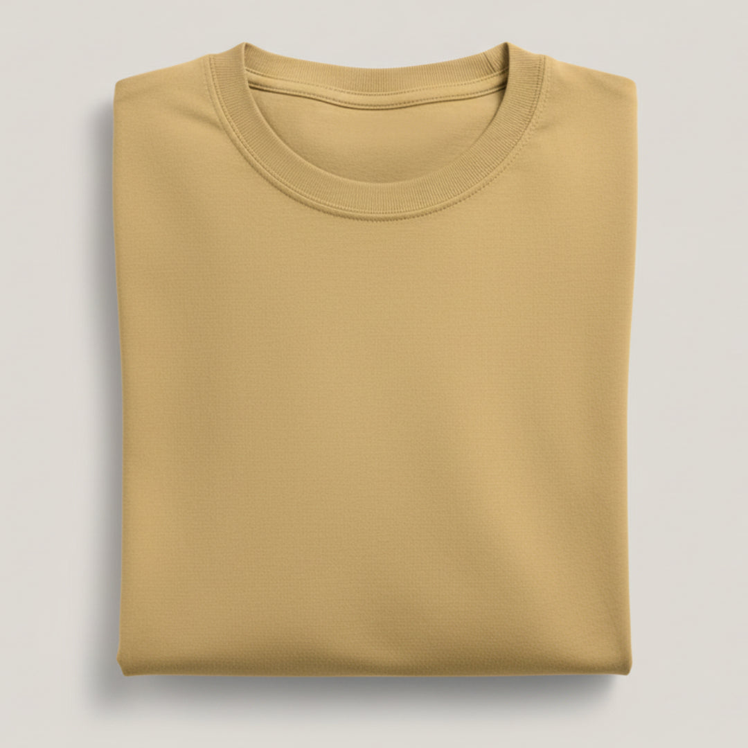 Solid: Beige Round Neck T-Shirt